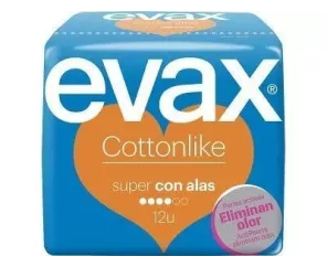 Guardanapos Sanitários Super Femininos Evax Cottonlike Com Asas 12 Guardanapos Sanitários