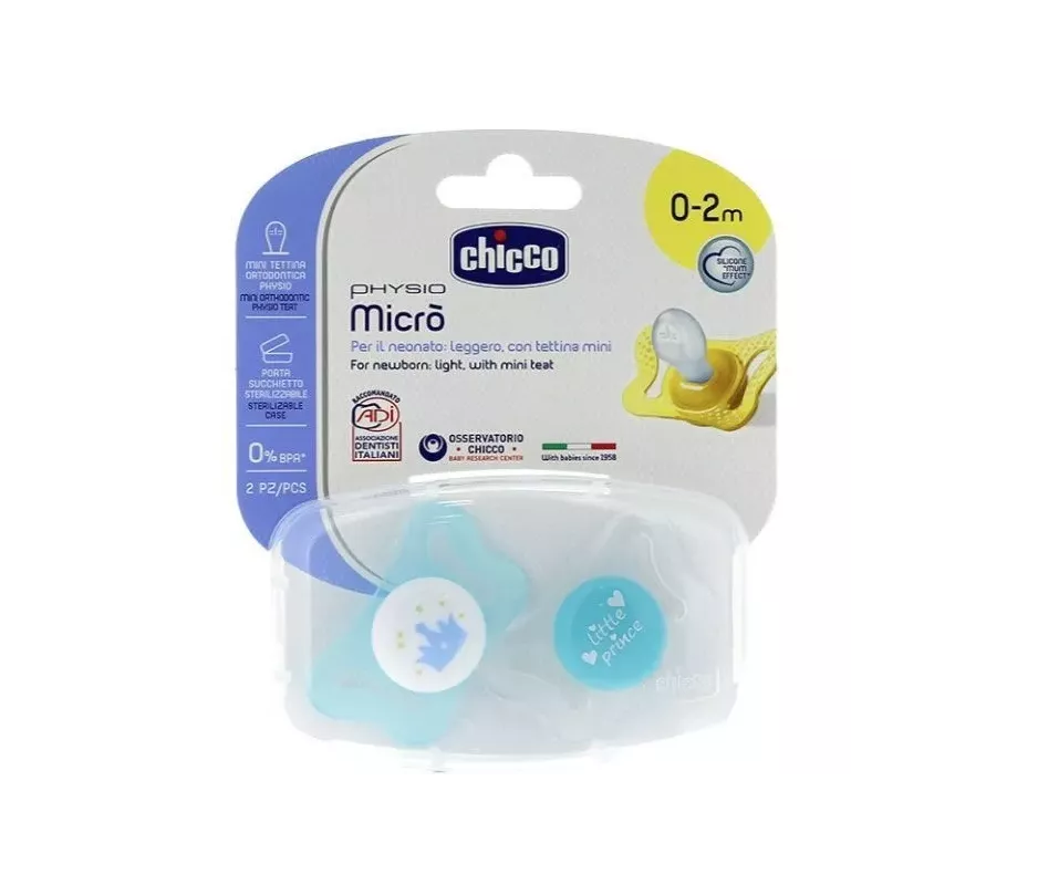 Chupeta Chicco Physio Micro Silicone 0-2 M Azul 2 Chupetas