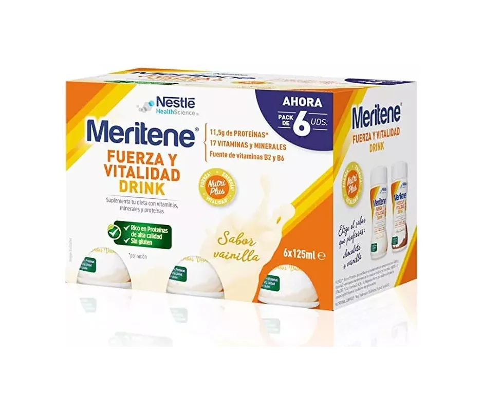 BEBIDA DE FORÇA E VITALIDADE MERITENE 6 UNIDADES 125 ML PACOTE SABOR BAUNILHA